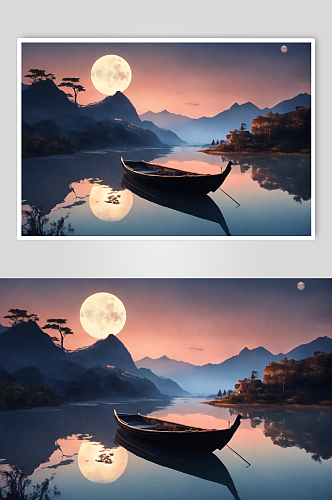 中秋夜船只月亮创意图片