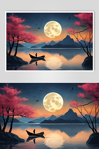 中秋夜船只月亮创意图片