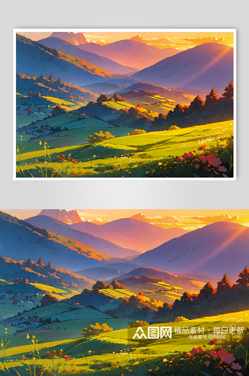 数字艺术创意群山日落景观图片素材