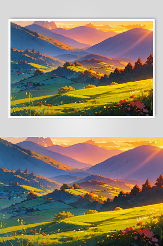 数字艺术创意群山日落景观图片