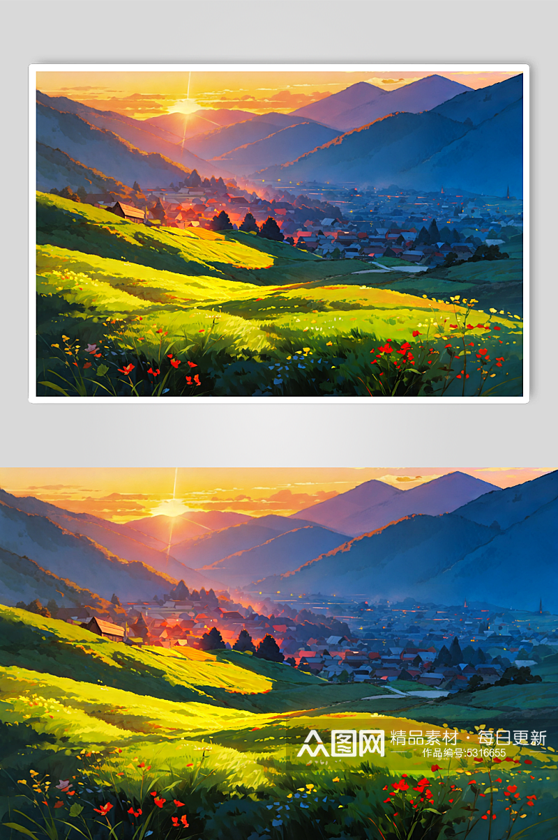 数字艺术创意群山日落景观图片素材