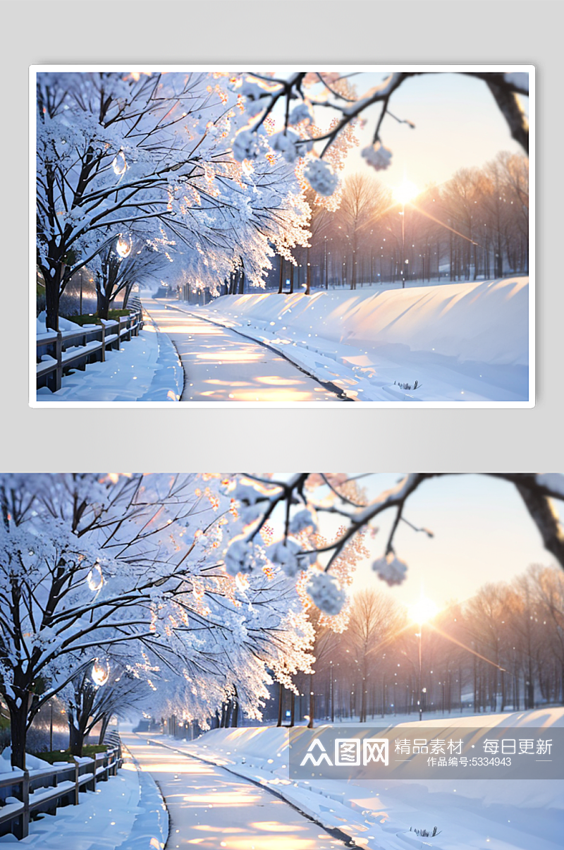 冬天雪地日出数字艺术摄影图素材
