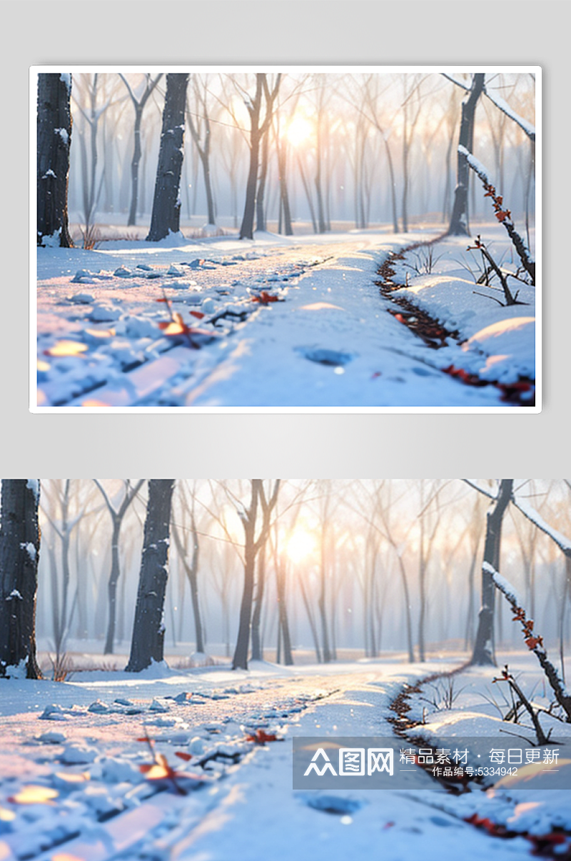 冬天雪地日出数字艺术摄影图素材