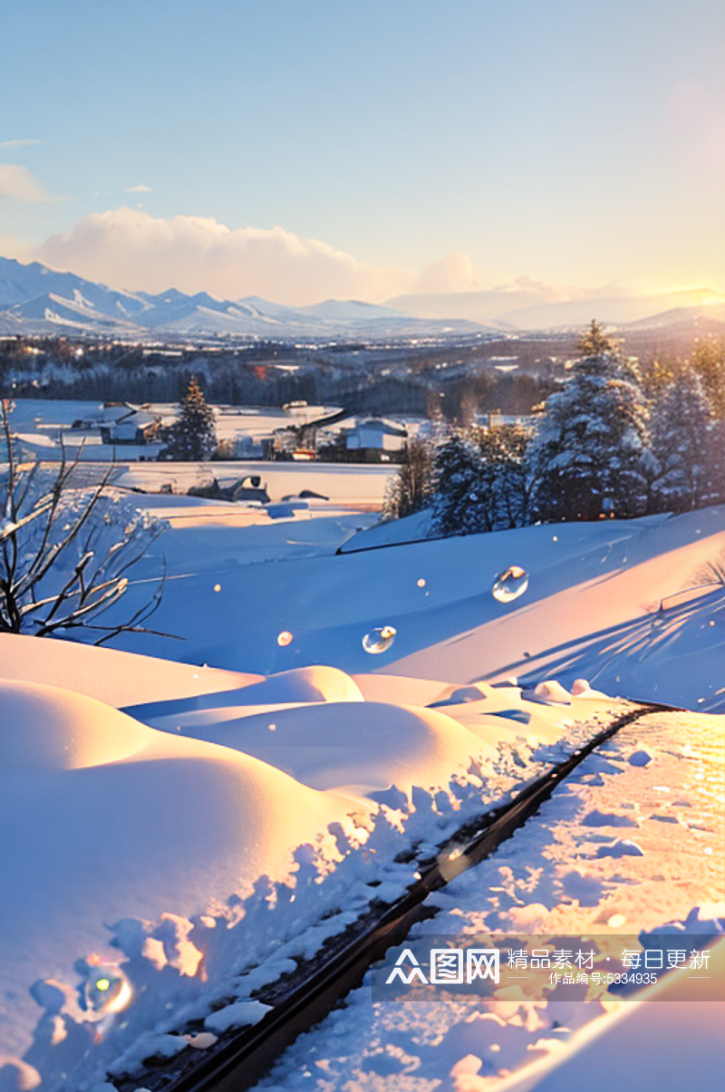 冬天雪地日出数字艺术摄影图素材