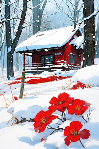 数字艺术雪中红花创意摄影图