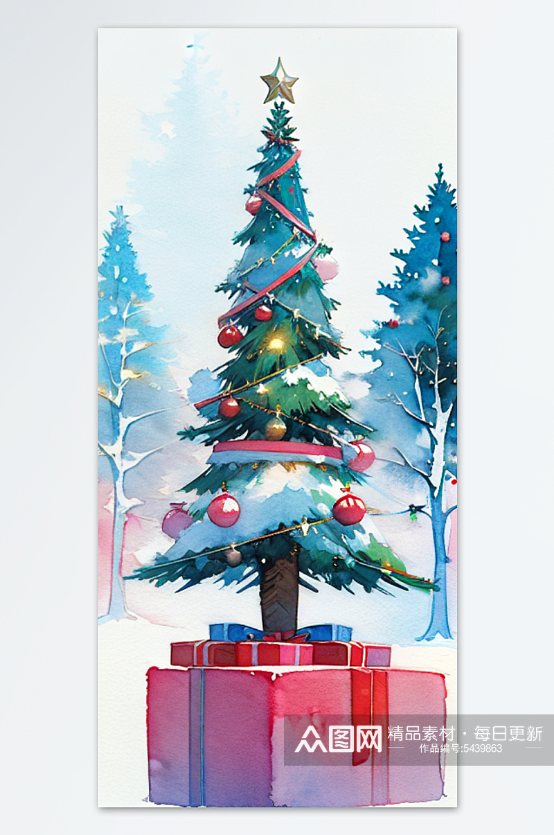 数字艺术圣诞树水彩画图片素材