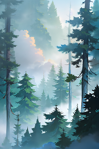数字艺术森林云雾缭绕风景