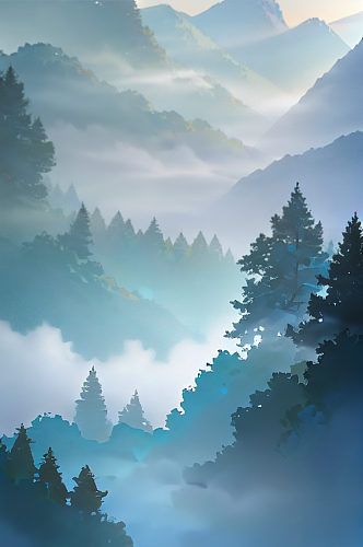 数字艺术森林云雾缭绕风景