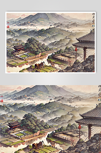 数字艺术水墨风乡村风景图片