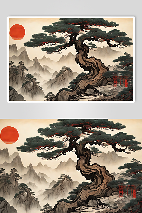 数字艺术水墨国风一颗古松插画模板下载-编号5507539-众图网