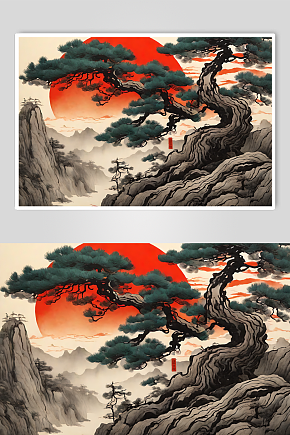 数字艺术水墨国风一颗古松插画素材下载-众图网