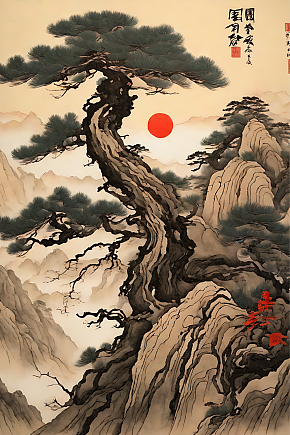 数字艺术水墨国风一颗古松插画素材下载-众图网