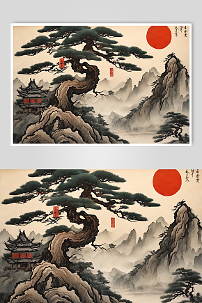 数字艺术水墨国风一颗古松插画素材下载-众图网