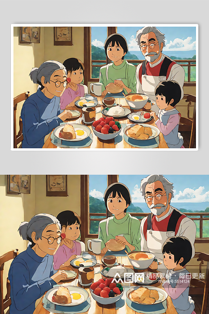 数字艺术动漫一家人吃早餐插画素材