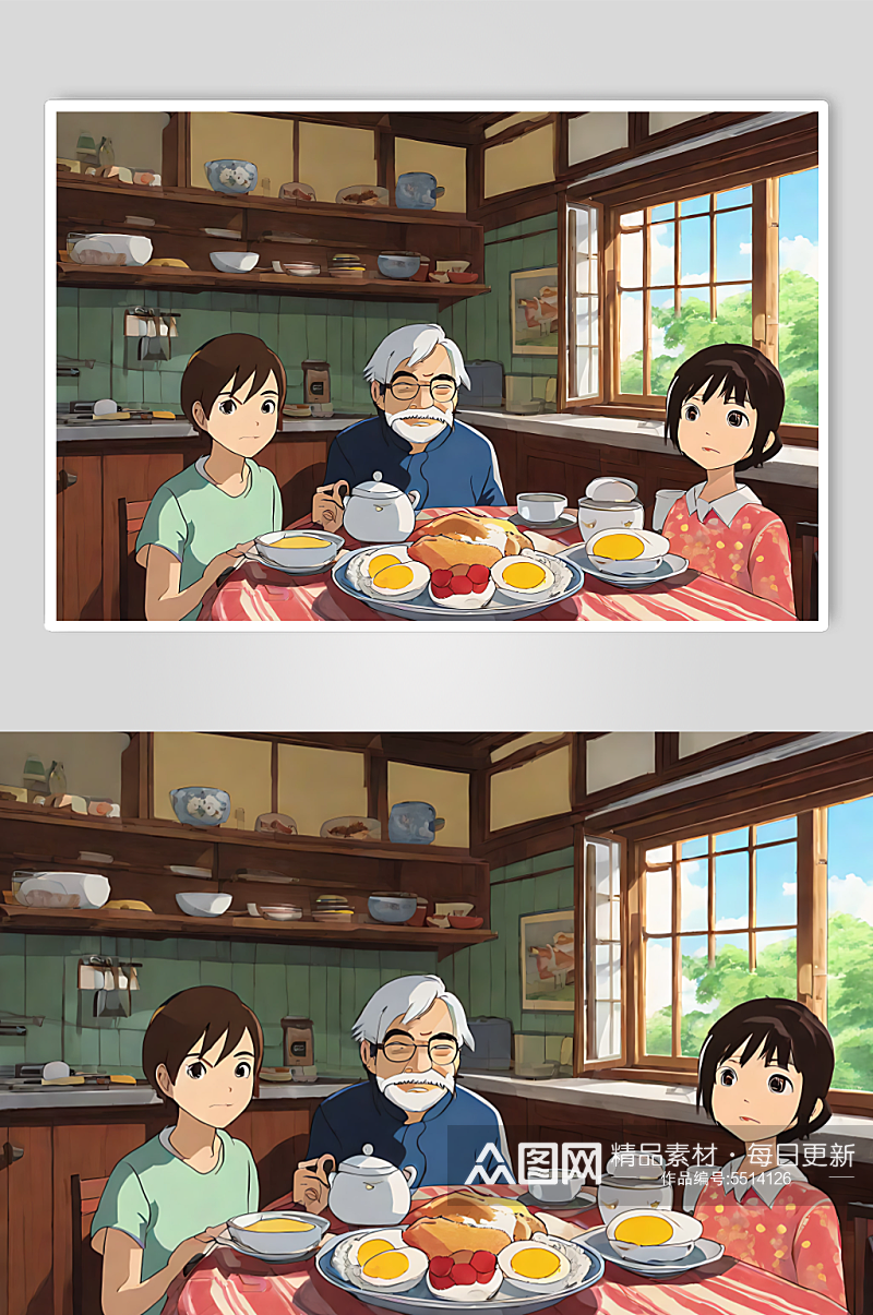 数字艺术动漫一家人吃早餐插画素材