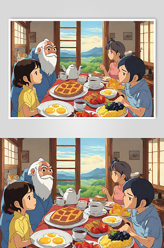数字艺术动漫一家人吃早餐插画