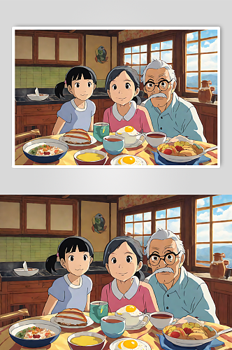 数字艺术动漫一家人吃早餐插画