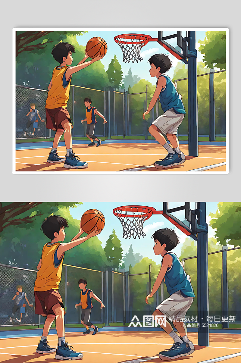 卡通风打篮球的男孩数字艺术图片素材
