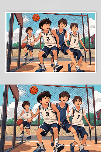 卡通风打篮球的男孩数字艺术图片