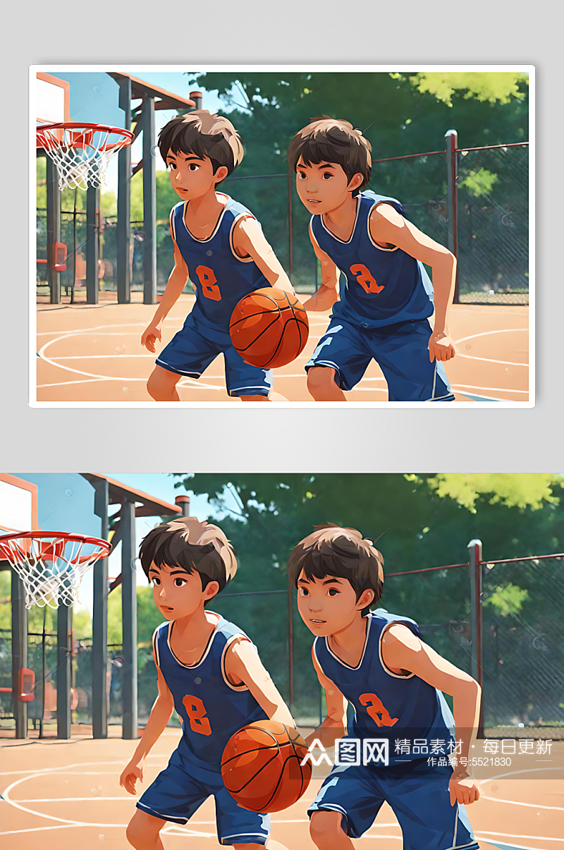 卡通风打篮球的男孩数字艺术图片素材