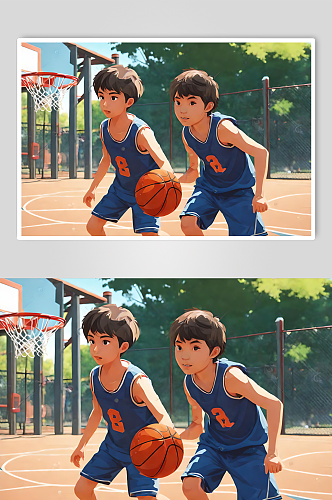 卡通风打篮球的男孩数字艺术图片