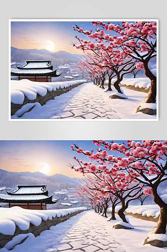 梅花城墙雪景数字艺术图片