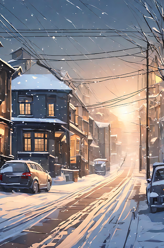 动漫风下雪街道数字艺术图片
