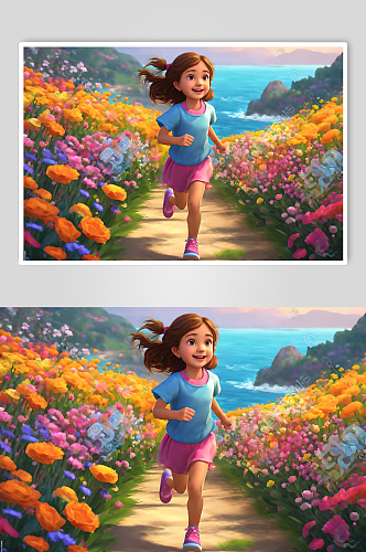 唯美花海奔跑的女孩数字艺术图片