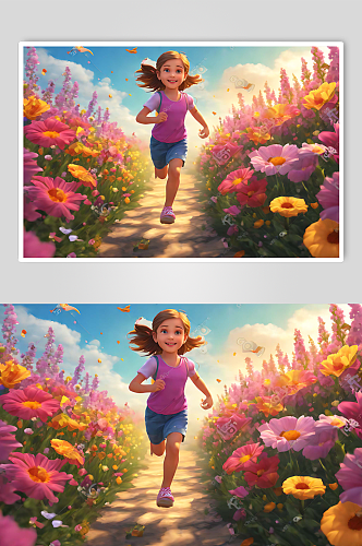 唯美花海奔跑的女孩数字艺术图片