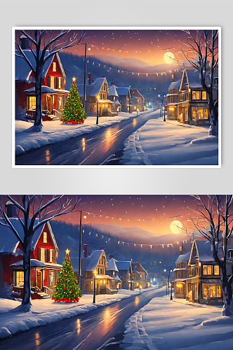 圣诞夜晚的小城数字艺术图片