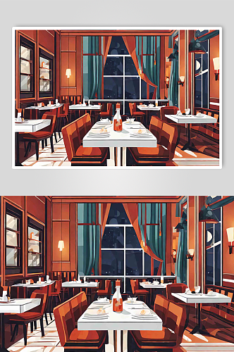 数字艺术扁平风餐厅内部插画