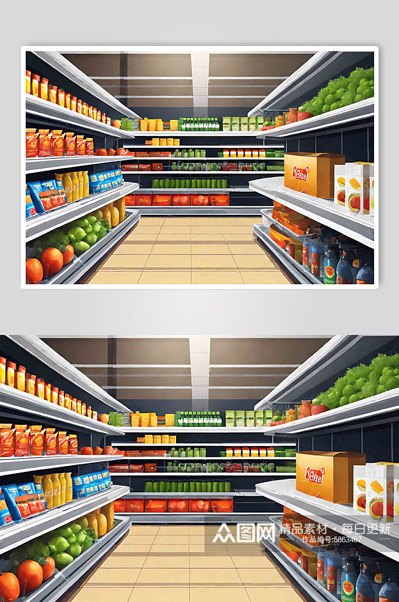 数字艺术扁平风超市货架插画素材