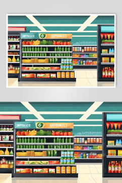 数字艺术扁平风超市货架插画