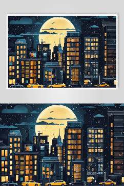 数字艺术扁平风城市夜景插画