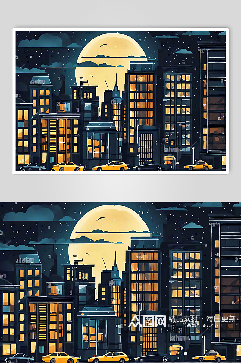 数字艺术扁平风城市夜景插画素材
