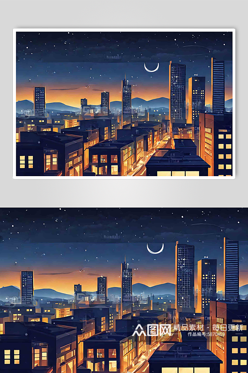 数字艺术扁平风城市夜景插画素材