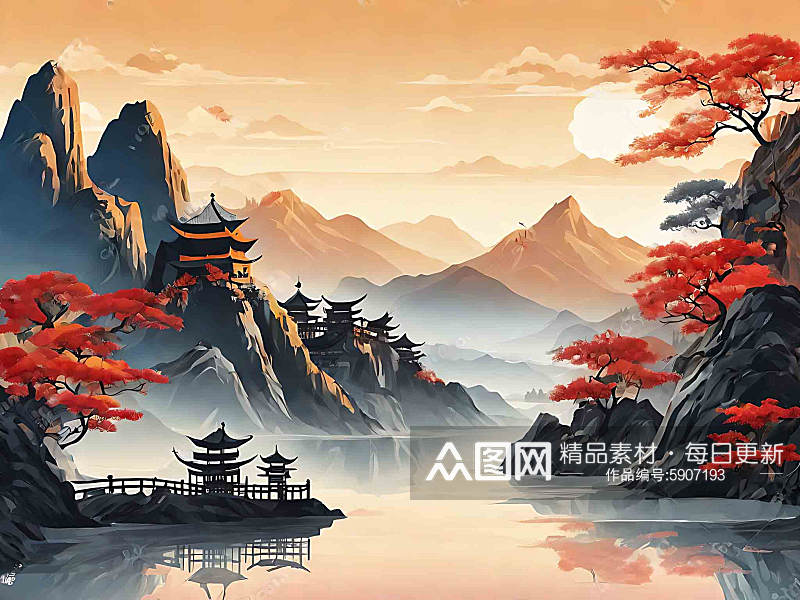 中国风树木山脉AI数字艺术素材
