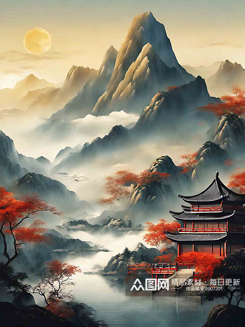 中国风树木山脉AI数字艺术素材