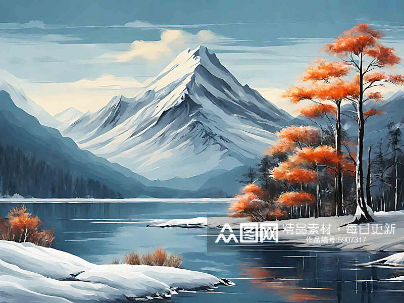 雪山景色插画AI数字艺术素材