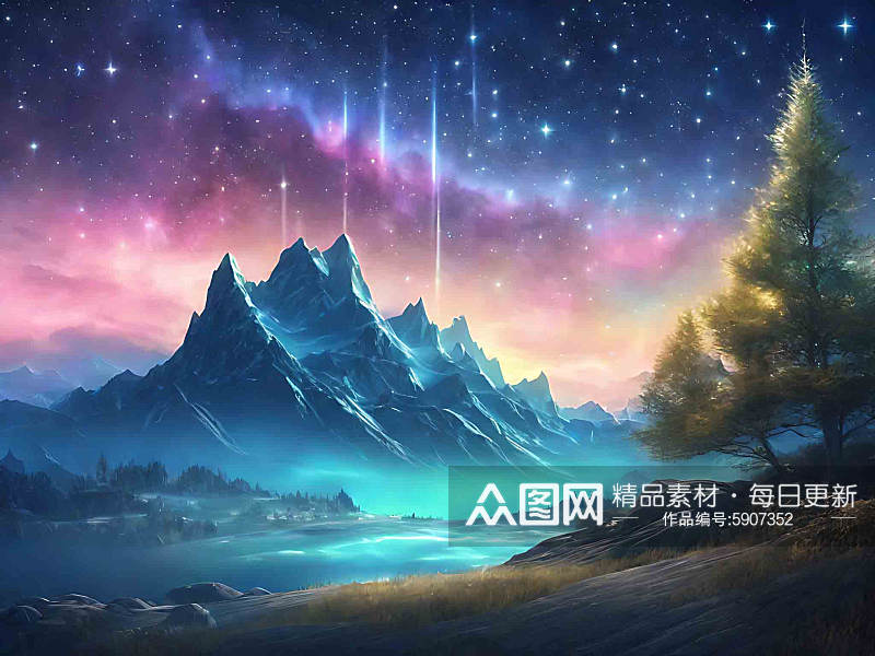 绚丽极光山谷星空AI数字艺术素材