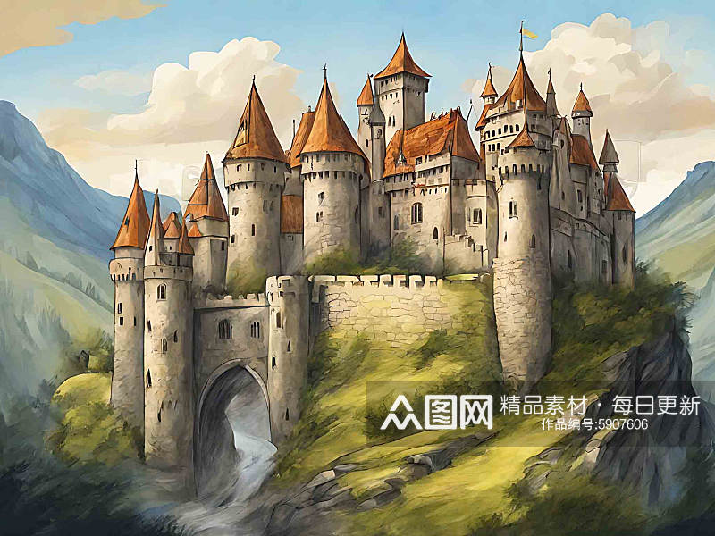 手绘城堡插画AI数字艺术素材
