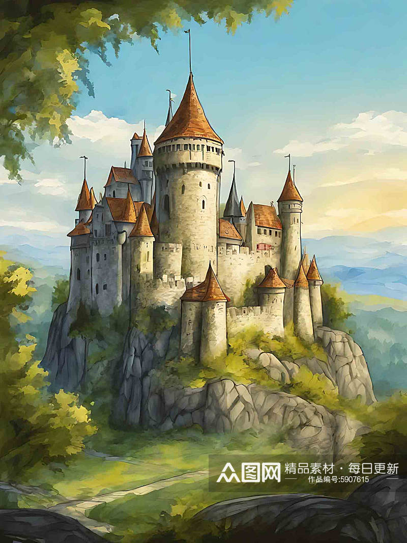 手绘城堡插画AI数字艺术素材