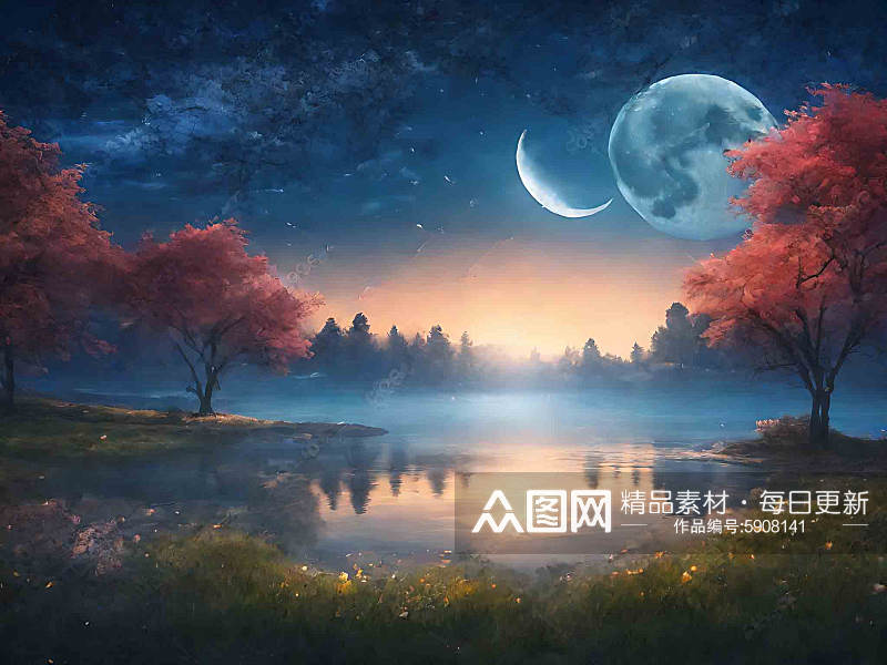 宁静唯美夜晚AI数字艺术素材