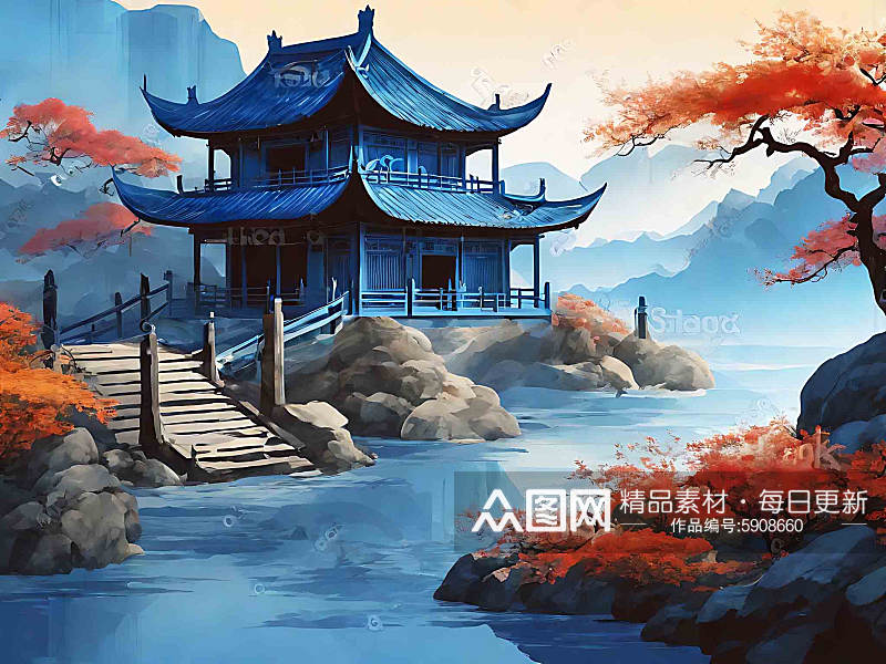 蓝色中国风树木房子AI数字艺术素材