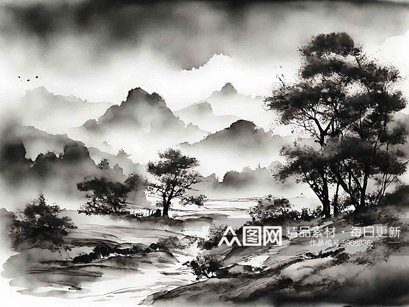 中国风房子山脉AI数字艺术素材