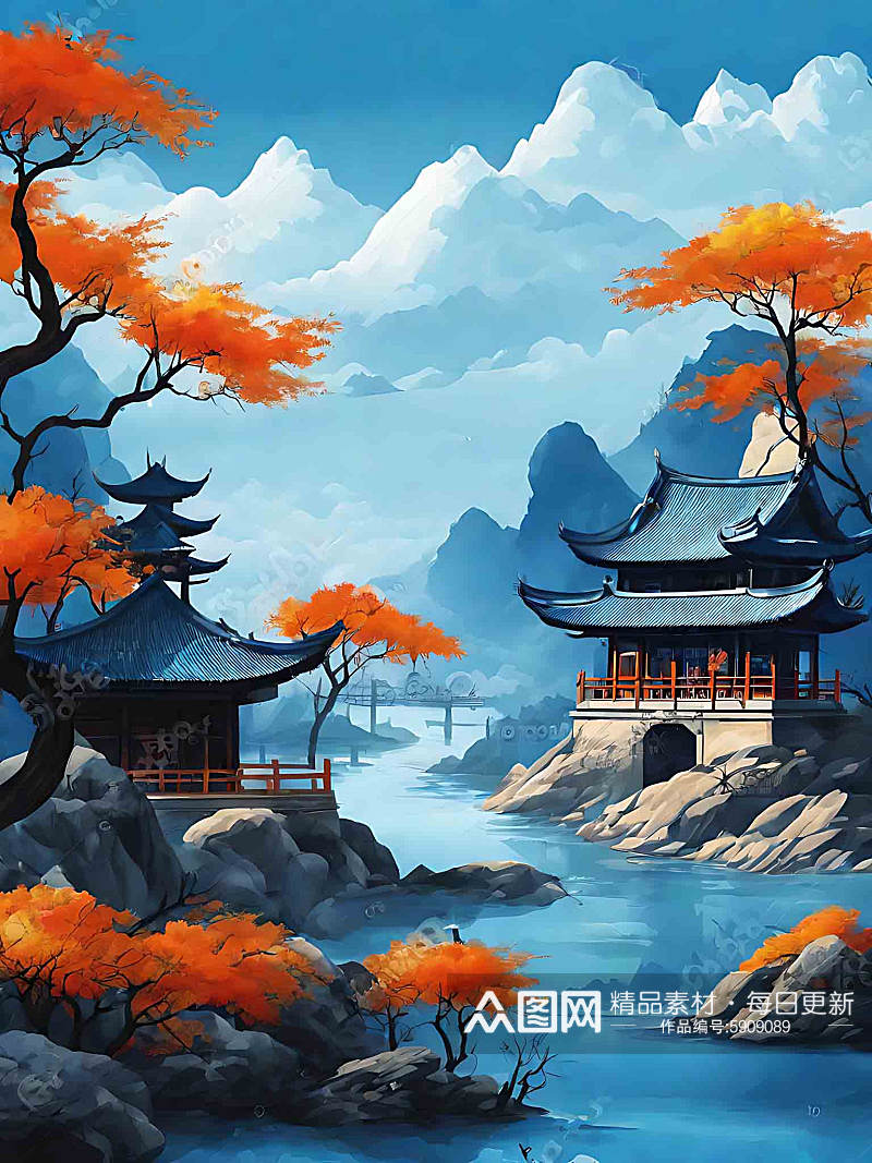 蓝色中国风树木山脉房子AI数字艺术素材