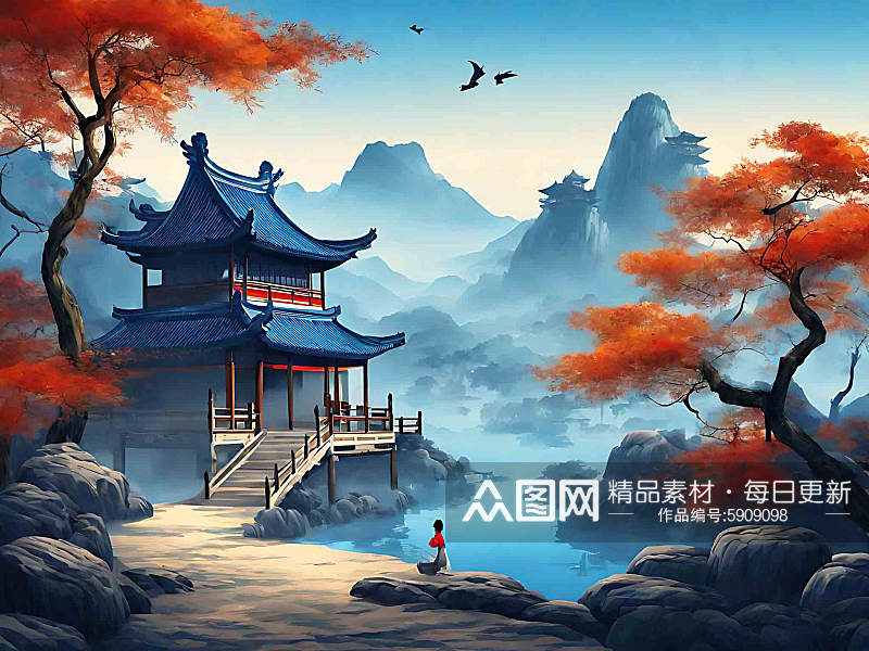 蓝色中国风树木山脉房子AI数字艺术素材