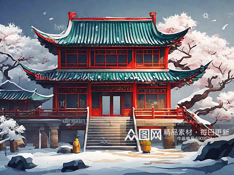 冬天城墙雪景插画AI数字艺术素材