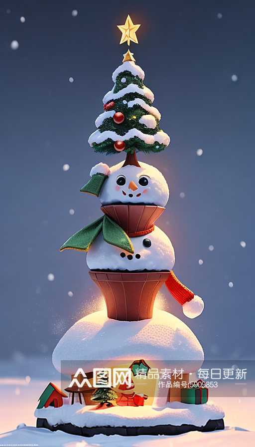 立体圣诞树雪人AI数字艺术素材