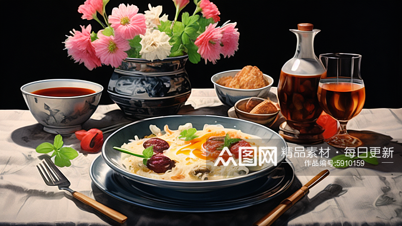 餐桌上的美食插画AI数字艺术素材
